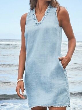 Tommy Bahama Blue Ruffled Chambray Shift Dress Sleeveless V-Neck Women’s Medium